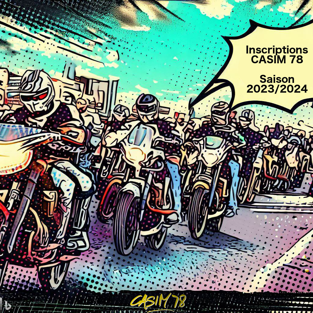 Groupe de motards et logo Casim78. Image générée par Intelligence Artificielle au moyen de Microsoft Bing Creator
